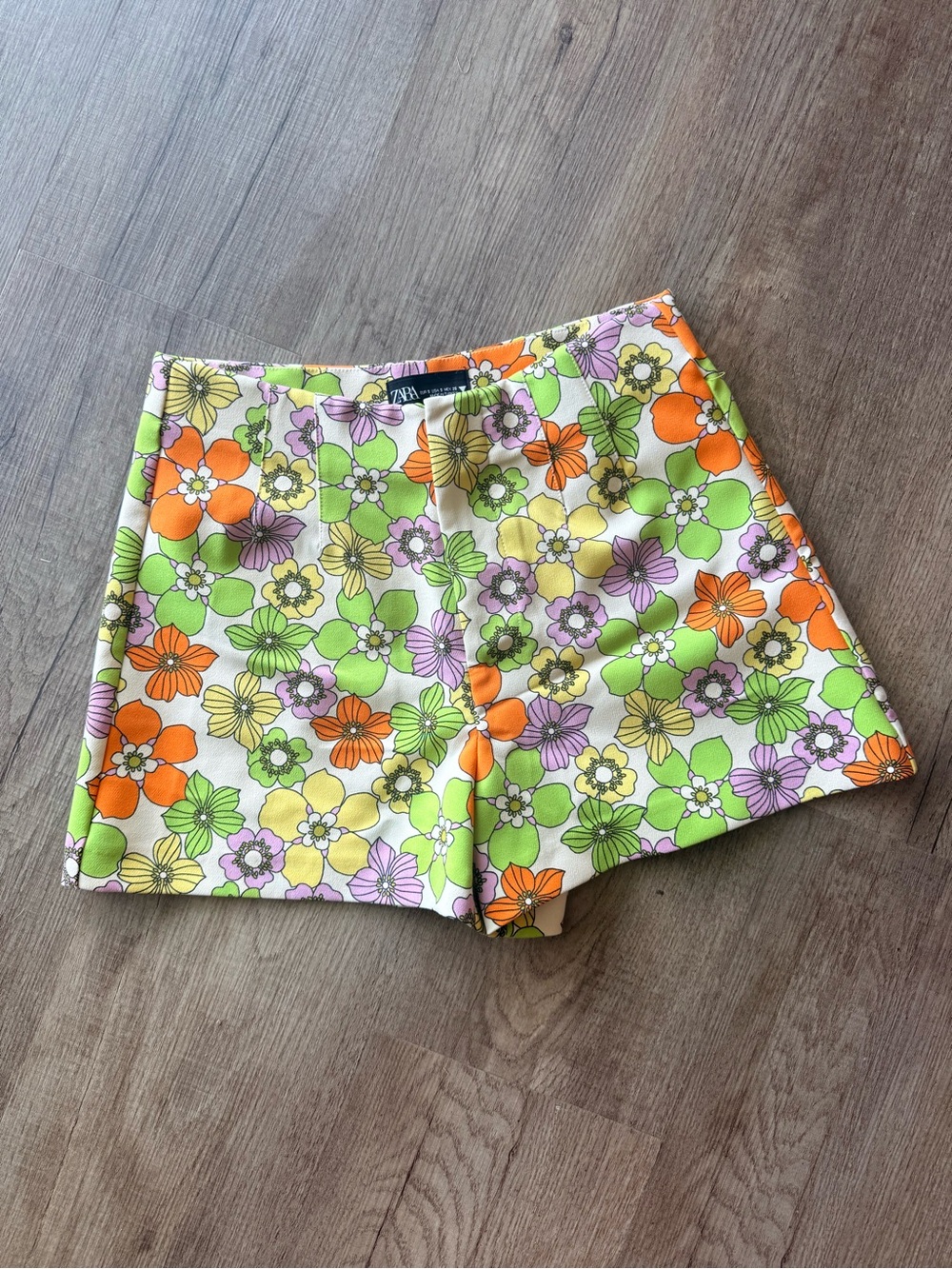 Zara Floral High-Waist Shorts in Orange, Green, Purple